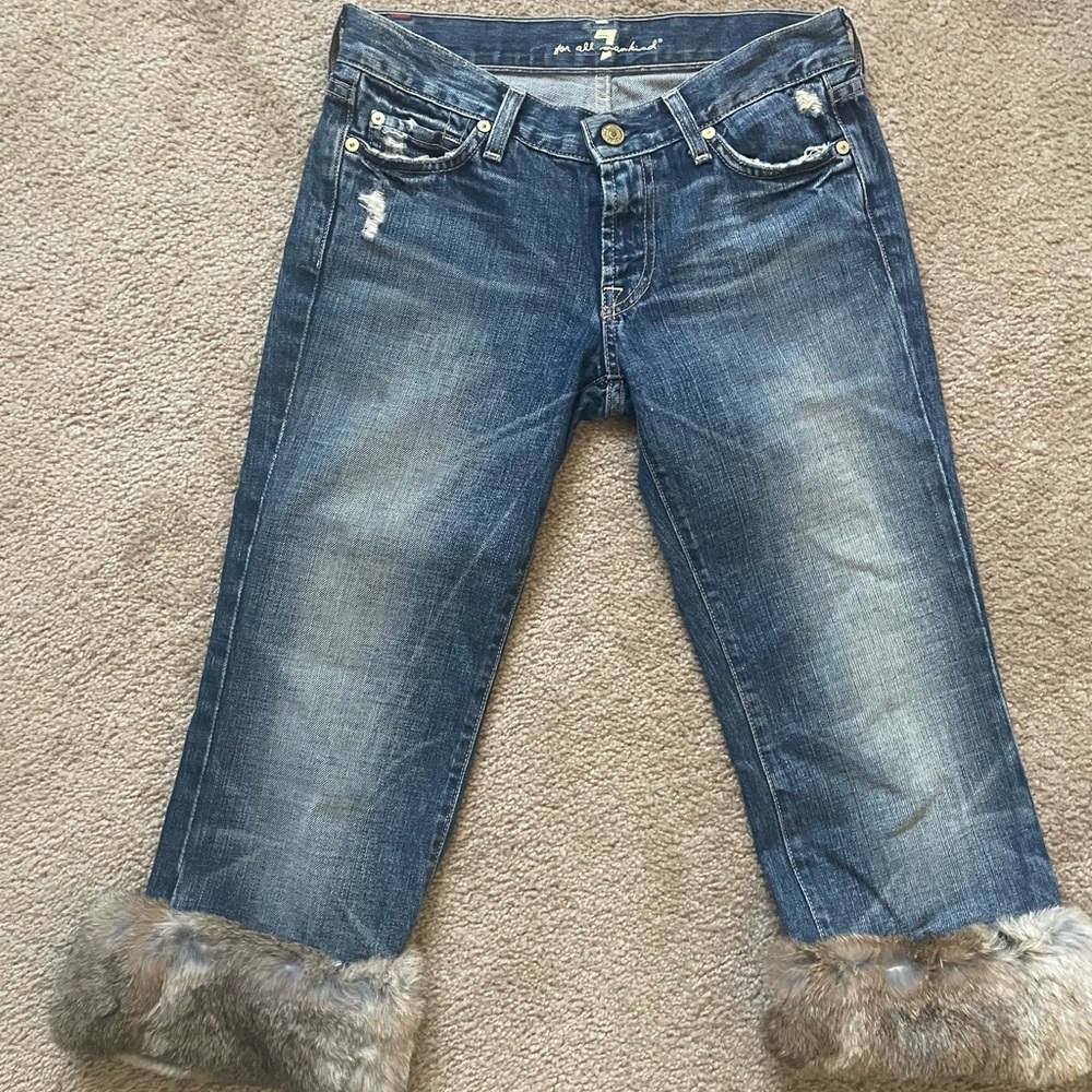 7 For All Mankind Blue Cropped Jeans with Fur Cuffs